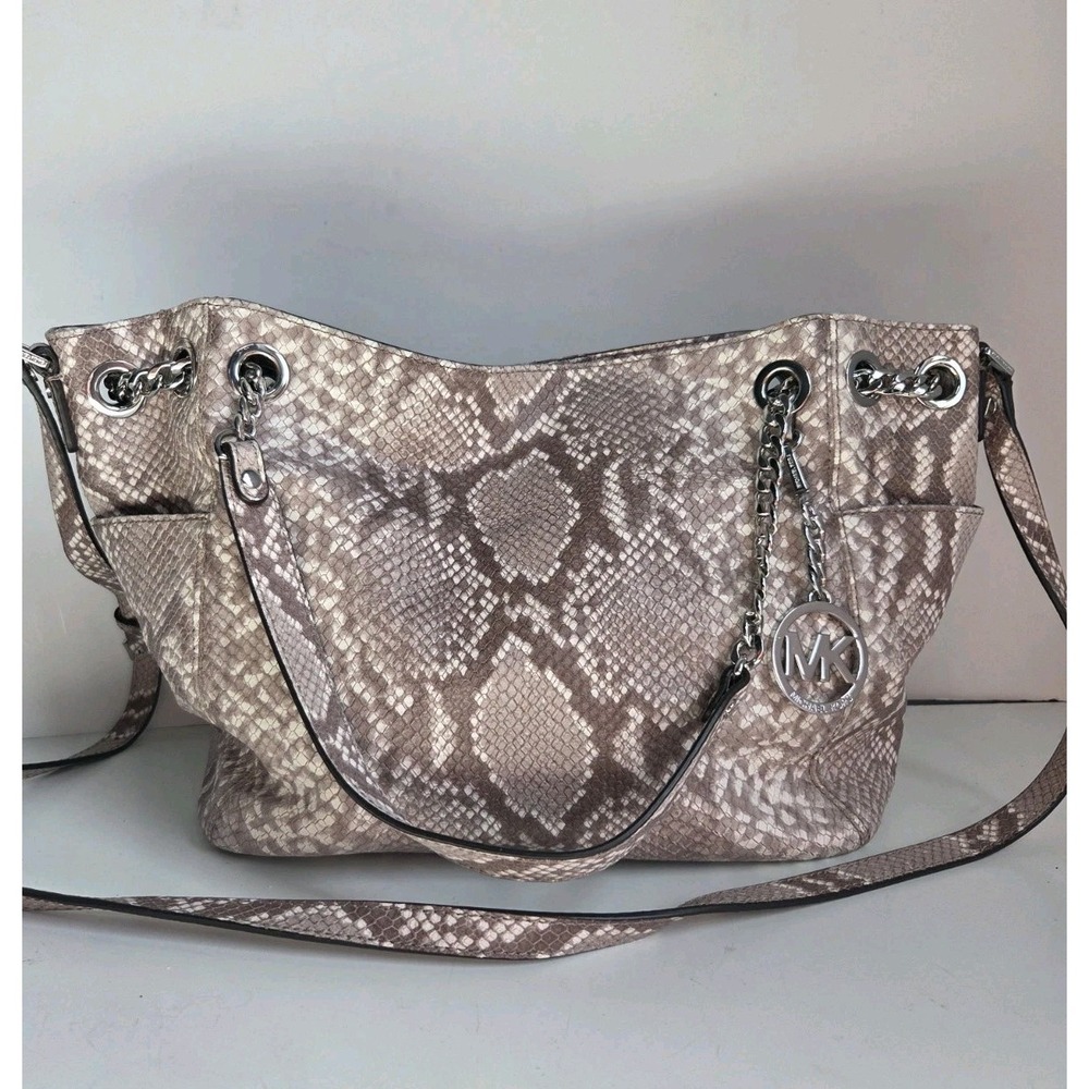 $298 Michael Kors Bag Purse Jet Set Chain Snakeskin Embossed Shoulder Cross Tote - Picture 1 of 10